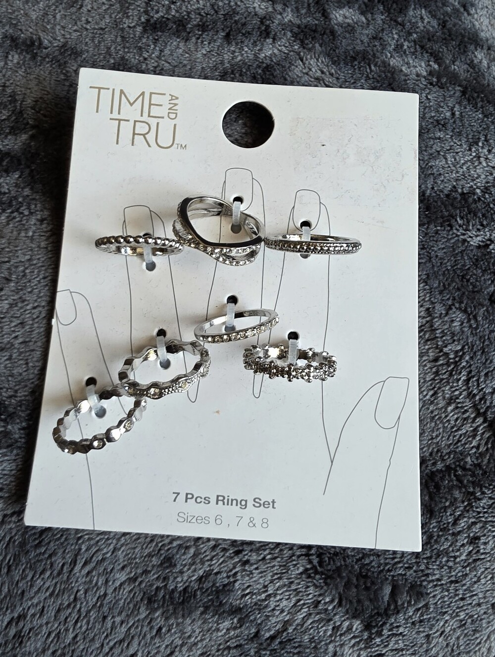 New women's silver-toned Time and Tru 7-piece ring set, size 6, 7 & 8